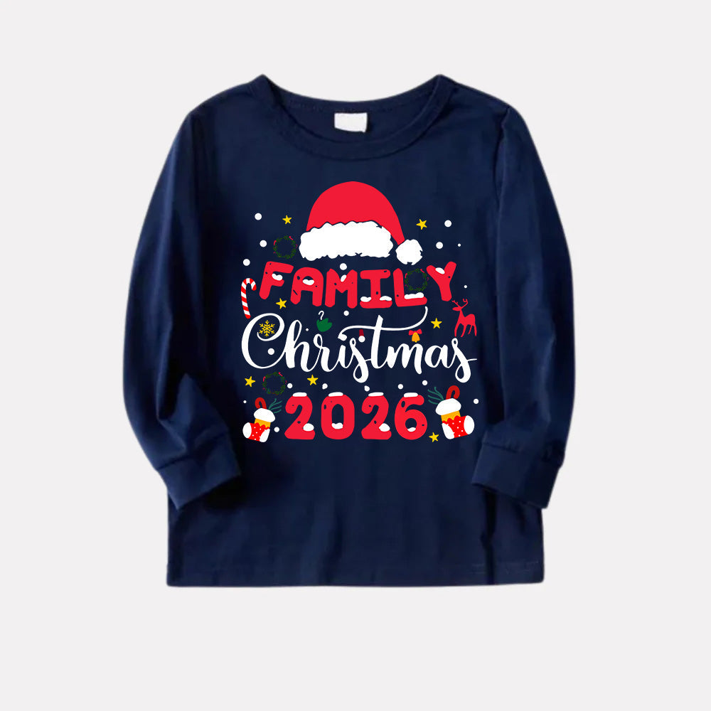 Cute "Family Christmas 2026" Pattern Printed Red and Blue Plaid Christmas Matching Pajamas