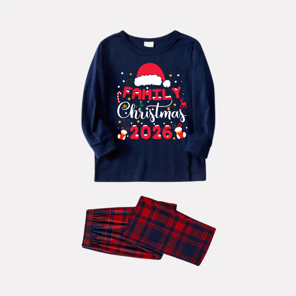 Cute "Family Christmas 2026" Pattern Printed Red and Blue Plaid Christmas Matching Pajamas