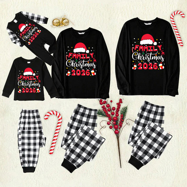 "2026 Family Christmas" Text and Christmas Pattern Black and White Plaid Family Matching Pajamas