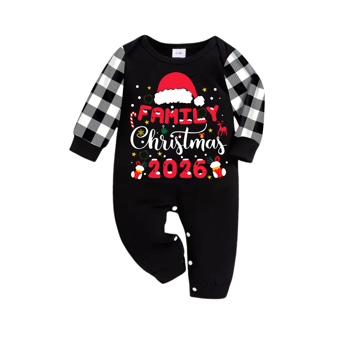 "2026 Family Christmas" Text and Christmas Pattern Black and White Plaid Family Matching Pajamas