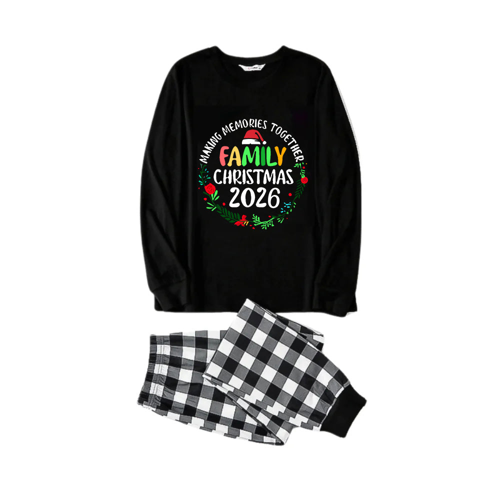"Family Christmas 2026 Making Memories Together" Text Print Black and White Plaid Family Matching Pajamas