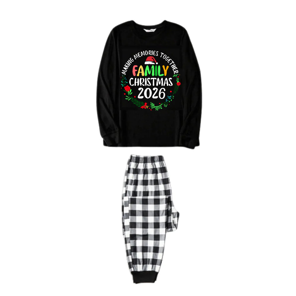 "Family Christmas 2026 Making Memories Together" Text Print Black and White Plaid Family Matching Pajamas