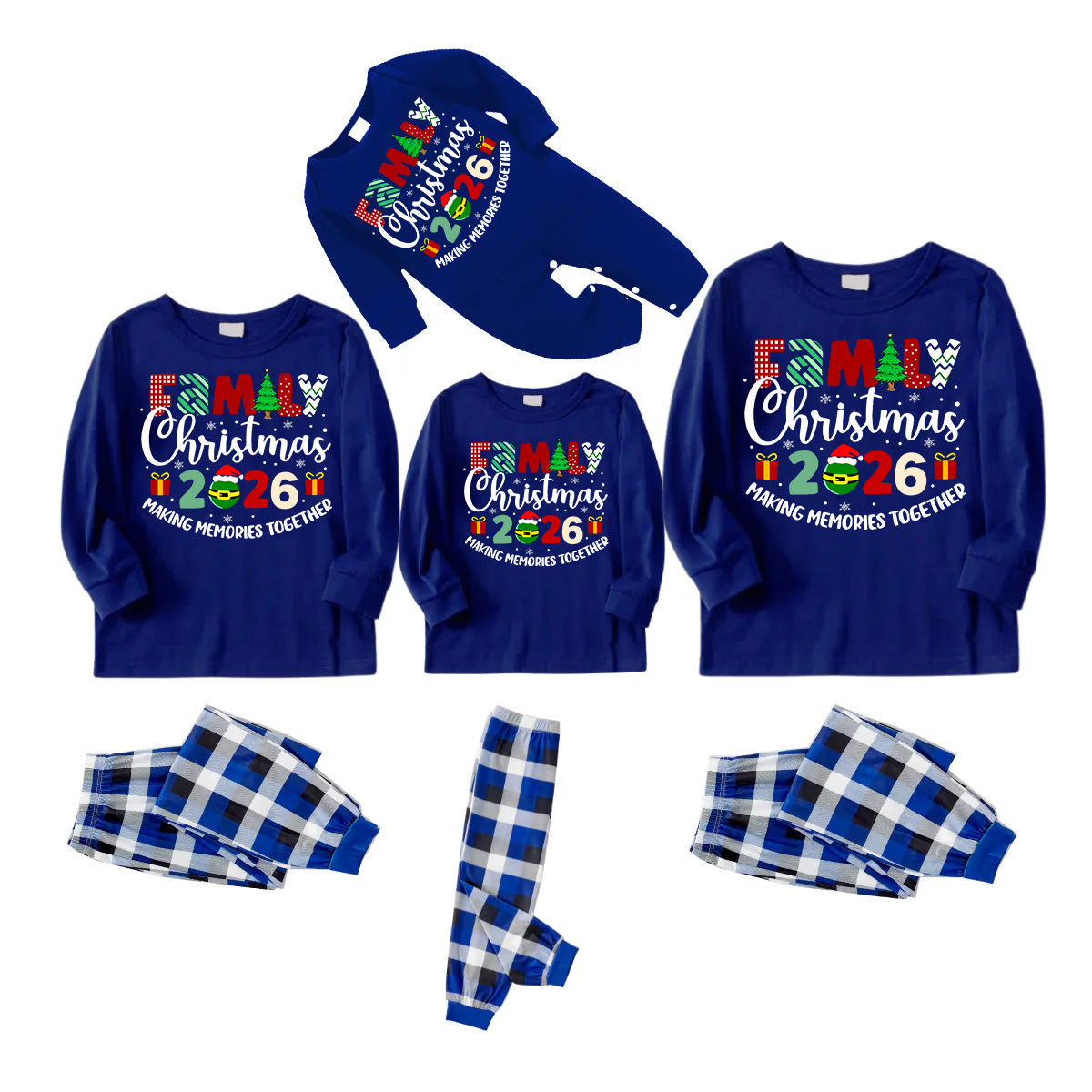 "Family Christmas 2026 Making Memories Together" Cute Text Printed Blue and White Plaid Family Matching Pajamas