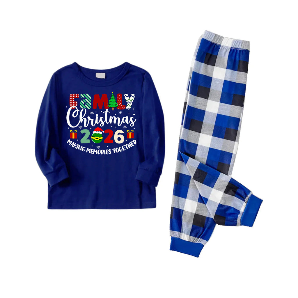 "Family Christmas 2026 Making Memories Together" Cute Text Printed Blue and White Plaid Family Matching Pajamas