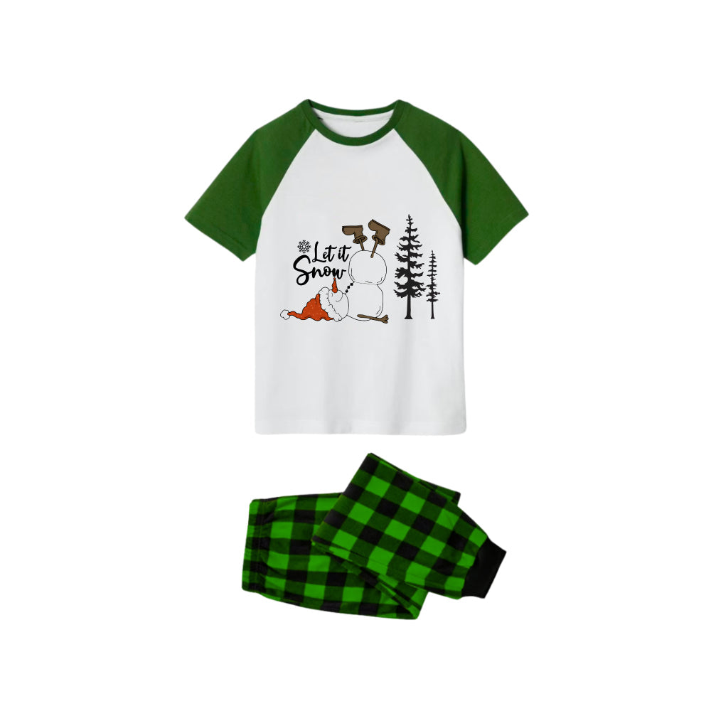 "Let it Snow" Pajamas Set - White Top Green Sleeves Green Plaid Pants Christmas Snowman Graphic