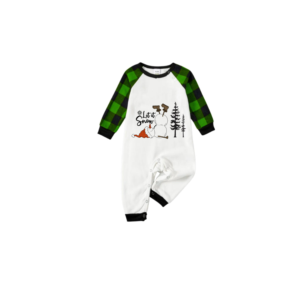 "Let it Snow" Pajamas Set - White Top Green Sleeves Green Plaid Pants Christmas Snowman Graphic