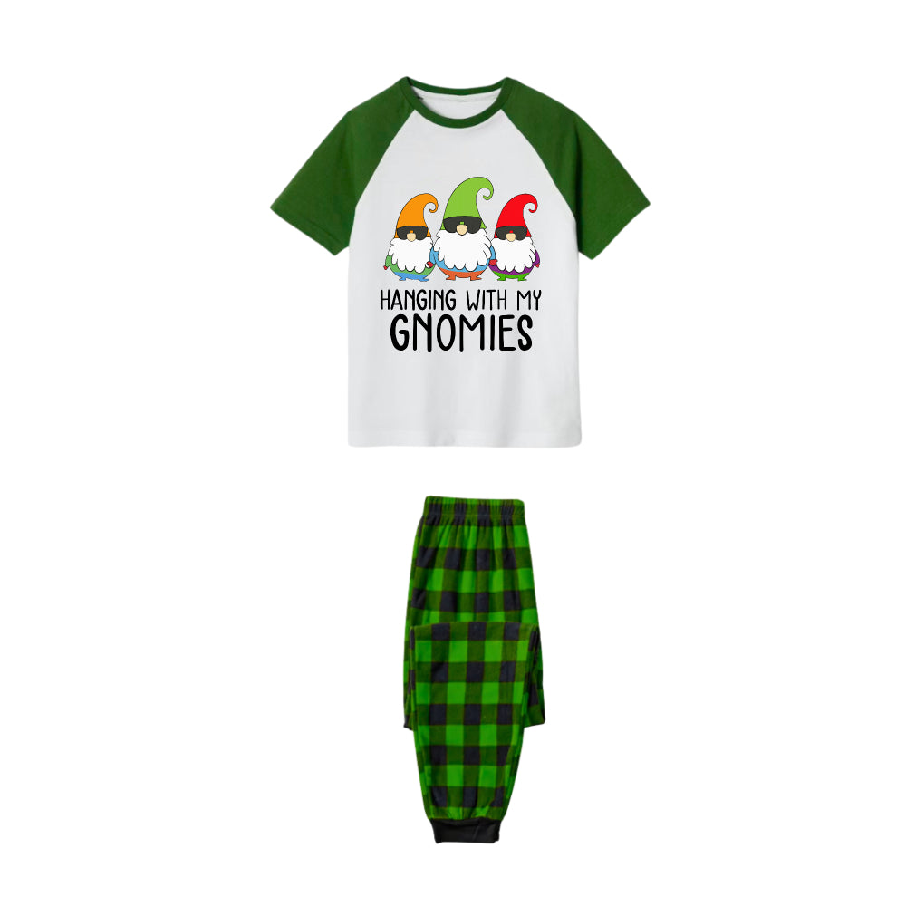 Hanging With My Gnomies Pajamas Set - White Top Green Sleeves Green Plaid Pants Cute Gnomes Graphic