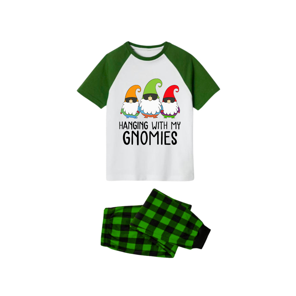 Hanging With My Gnomies Pajamas Set - White Top Green Sleeves Green Plaid Pants Cute Gnomes Graphic