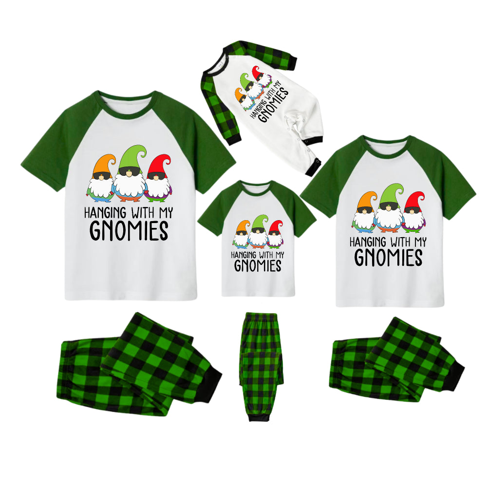 Hanging With My Gnomies Pajamas Set - White Top Green Sleeves Green Plaid Pants Cute Gnomes Graphic