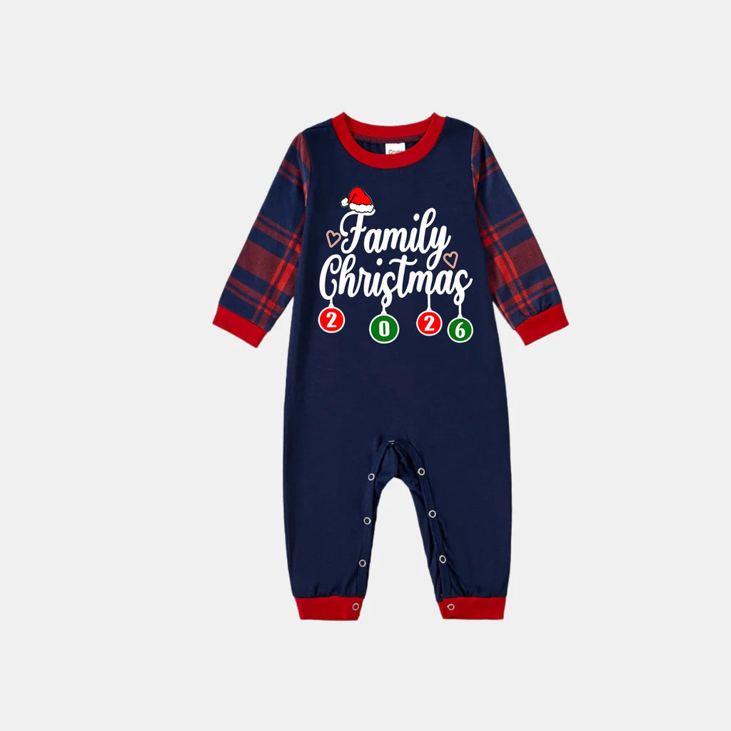 "Family Christmas 2026" Letter Printed Red and Blue Plaid Christmas Matching Pajamas