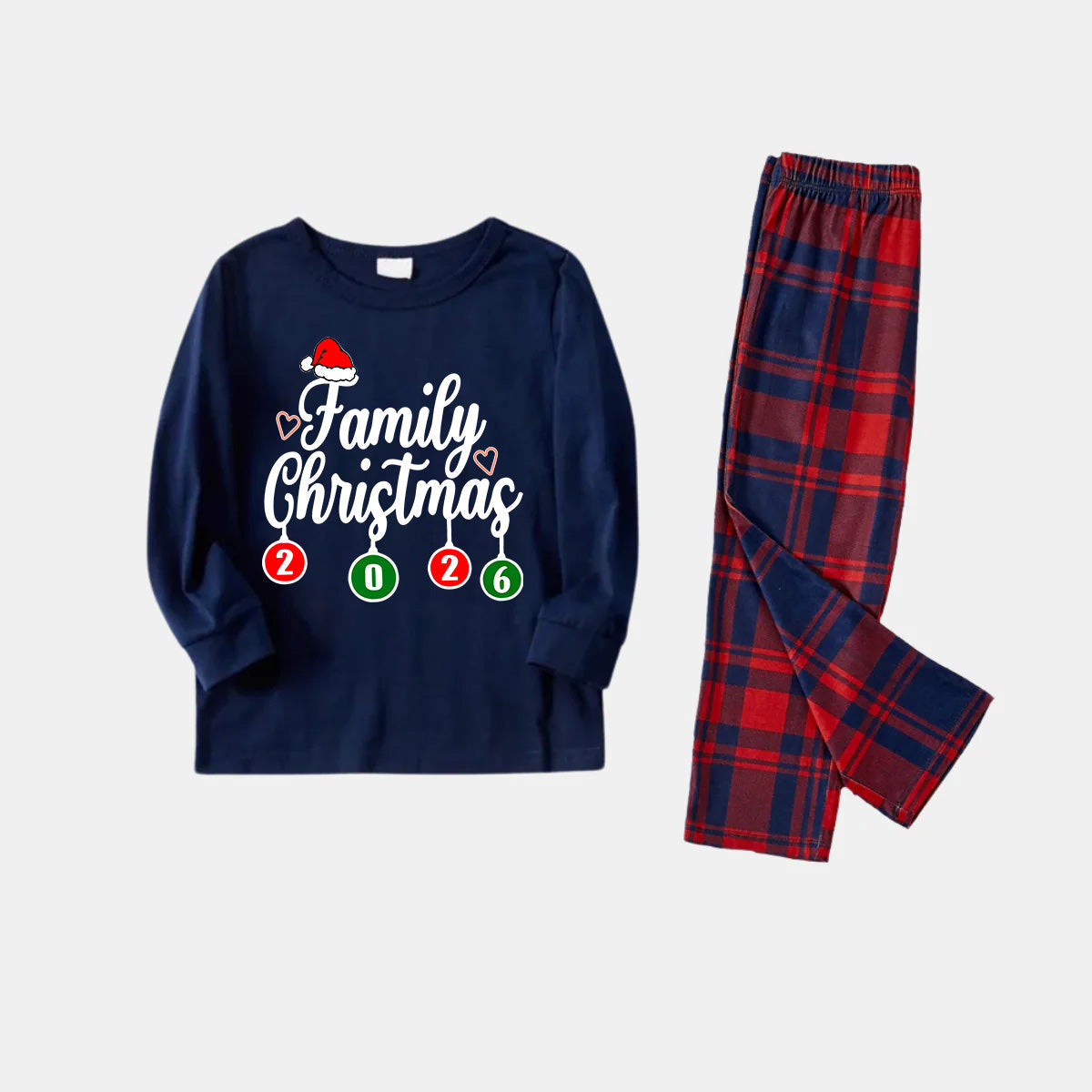 "Family Christmas 2026" Letter Printed Red and Blue Plaid Christmas Matching Pajamas