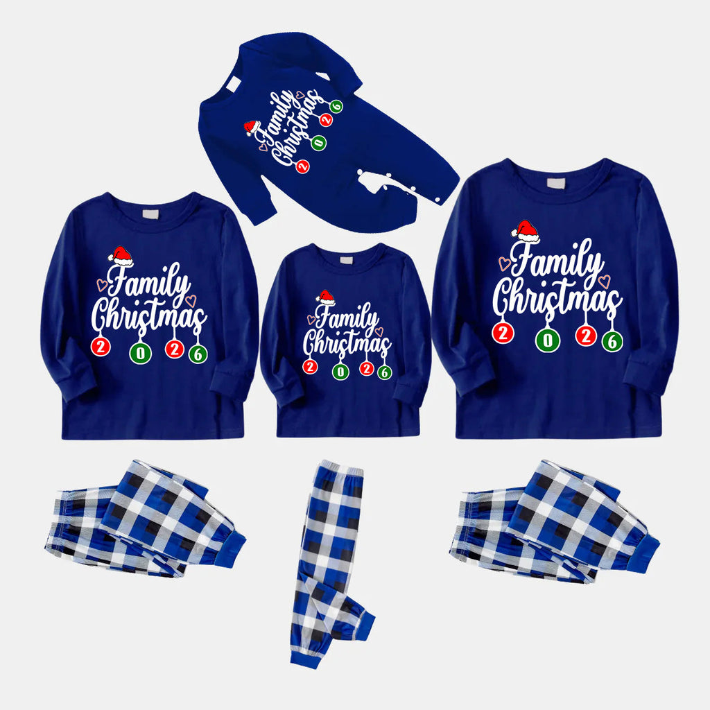 "Family Christmas 2026" Letter Printed Blue Long Sleeves with Blue&White&Black Plaid Pants Family Matching Pajamas