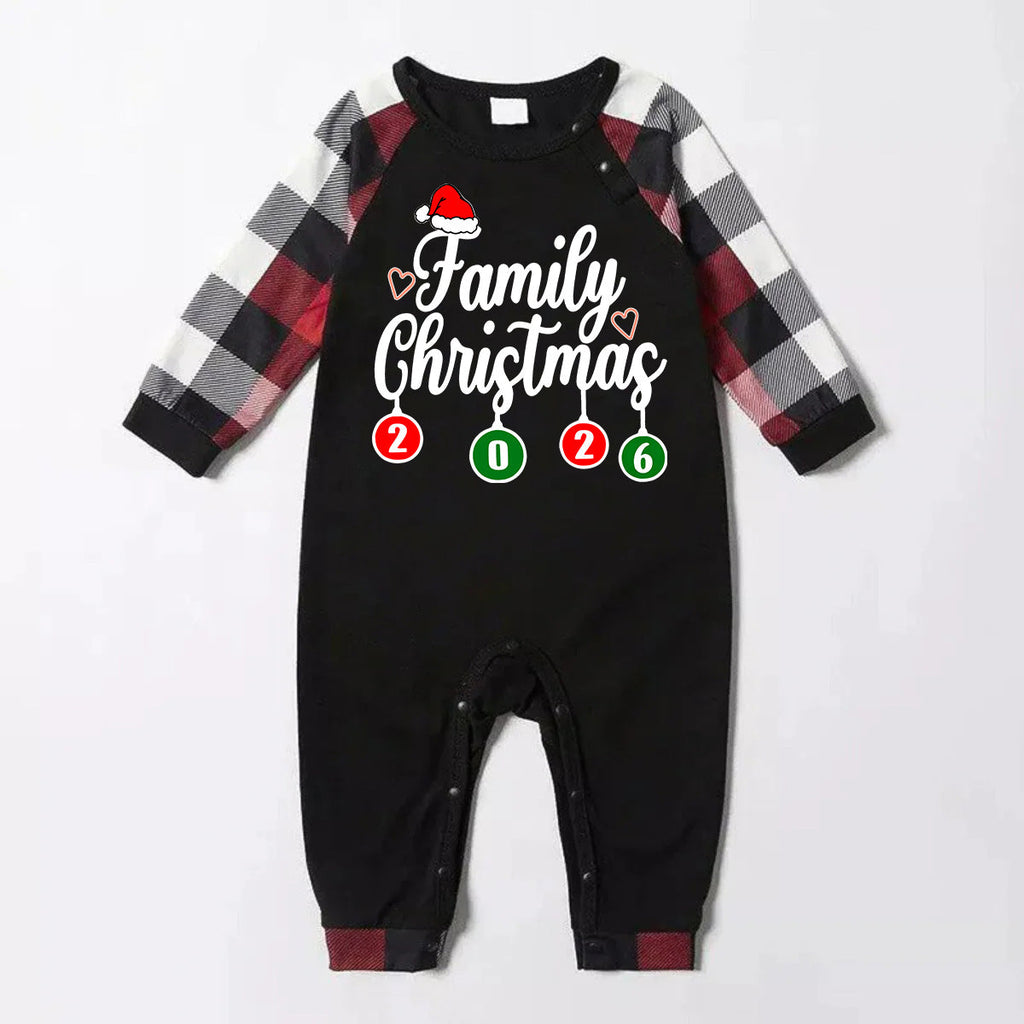 "Family Christmas" 2026 Letter Print Red & Black & Grey & White Plaid Family Matching Pajamas
