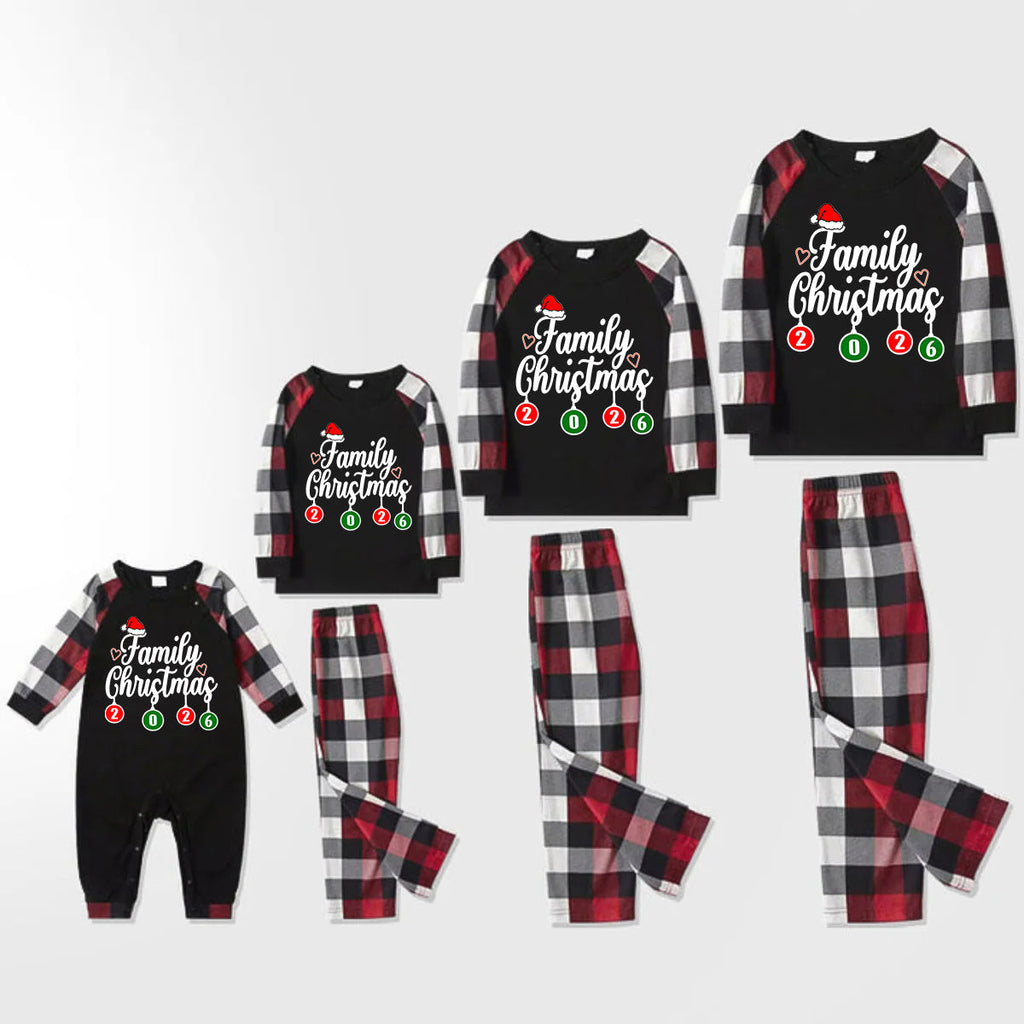 "Family Christmas" 2026 Letter Print Red & Black & Grey & White Plaid Family Matching Pajamas