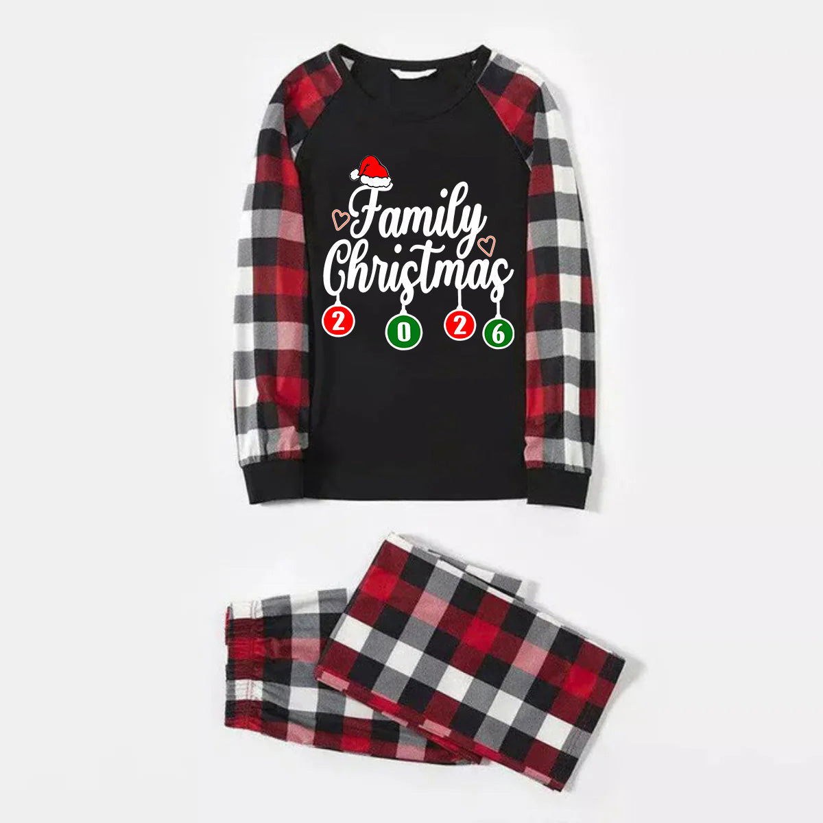 "Family Christmas" 2026 Letter Print Red & Black & Grey & White Plaid Family Matching Pajamas