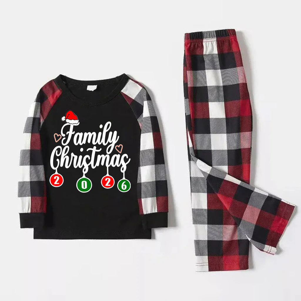 "Family Christmas" 2026 Letter Print Red & Black & Grey & White Plaid Family Matching Pajamas