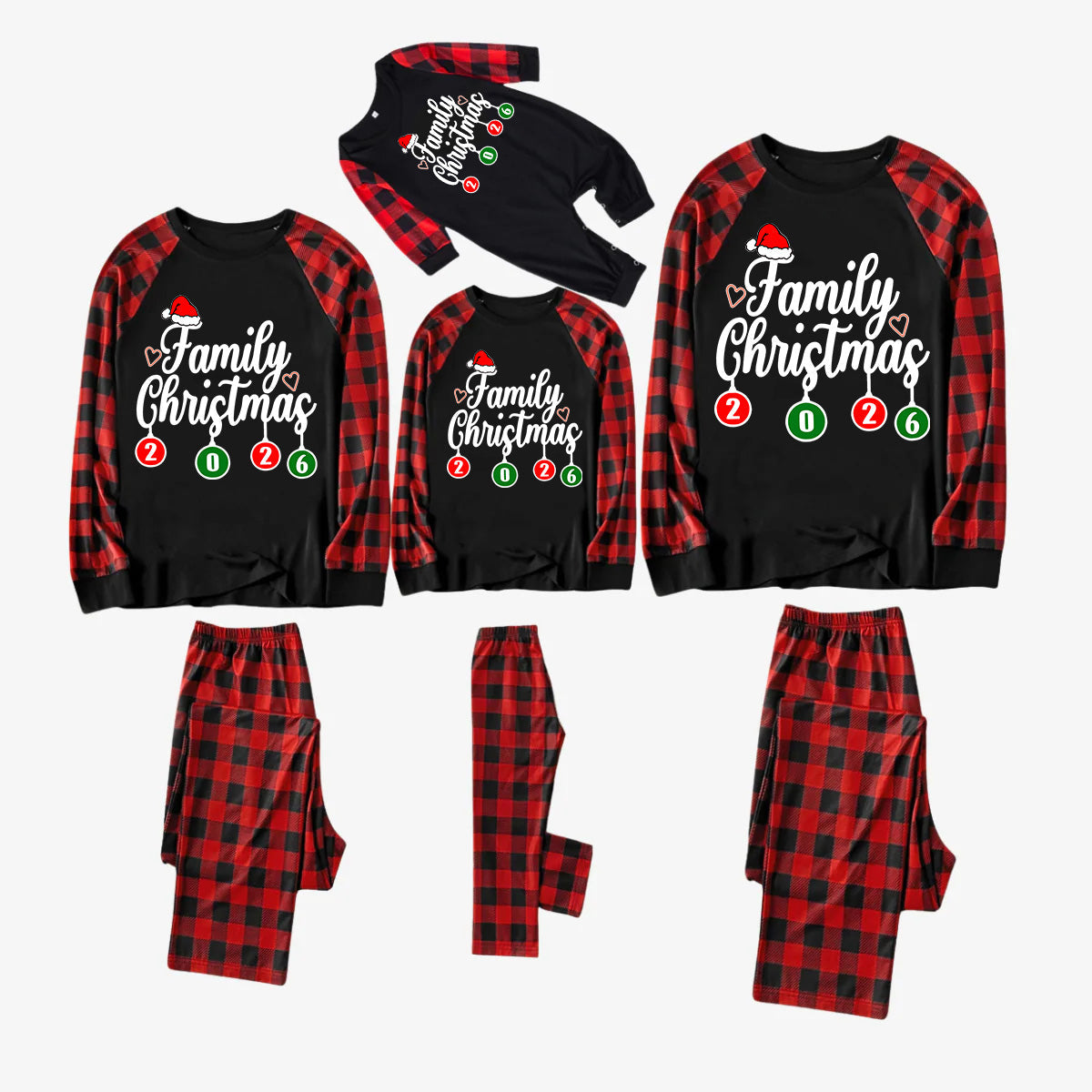"Family Christmas" 2026 Letter Print Black & Red Plaid Family Matching Black Pajamas