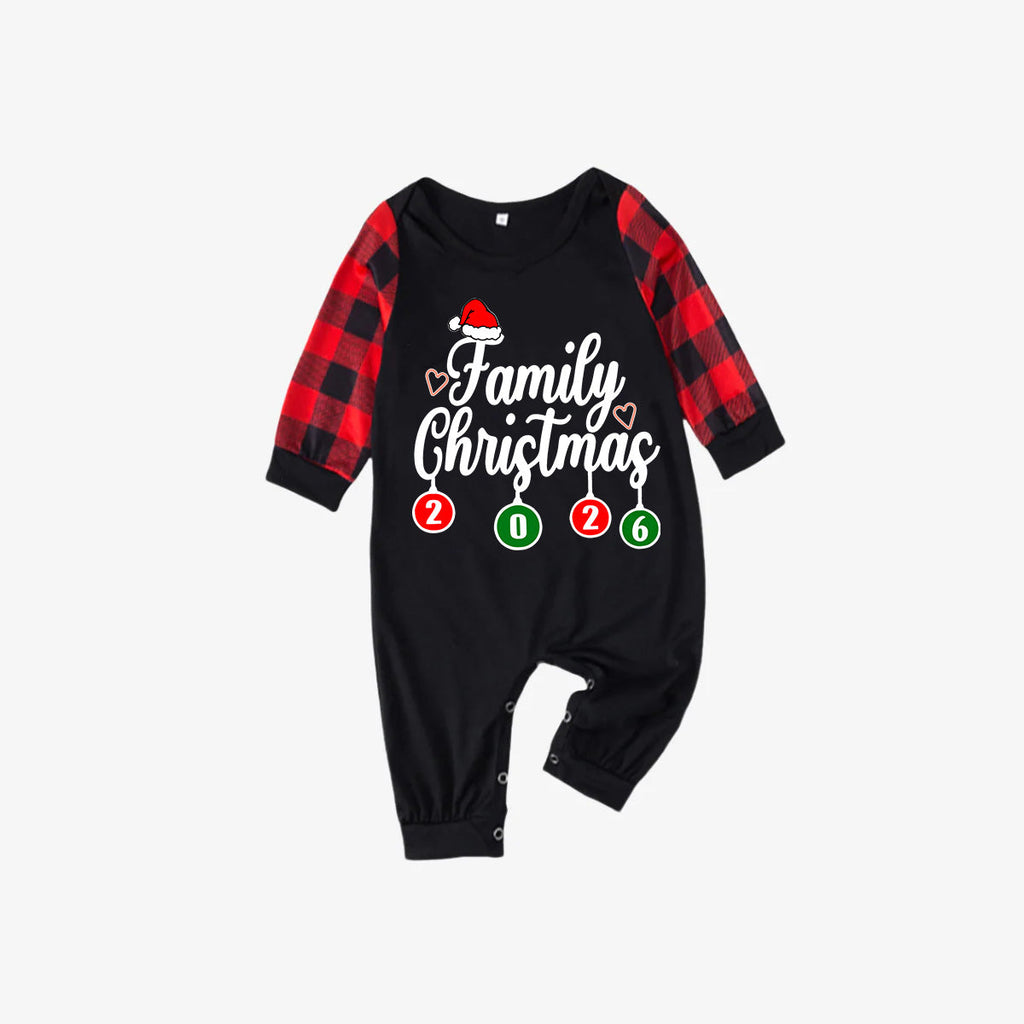 "Family Christmas" 2026 Letter Print Black & Red Plaid Family Matching Black Pajamas