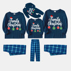 "Family Christmas 2026" Letter Printed Blue Long Sleeve Top With Blue Plaid Family Matching Pajamas