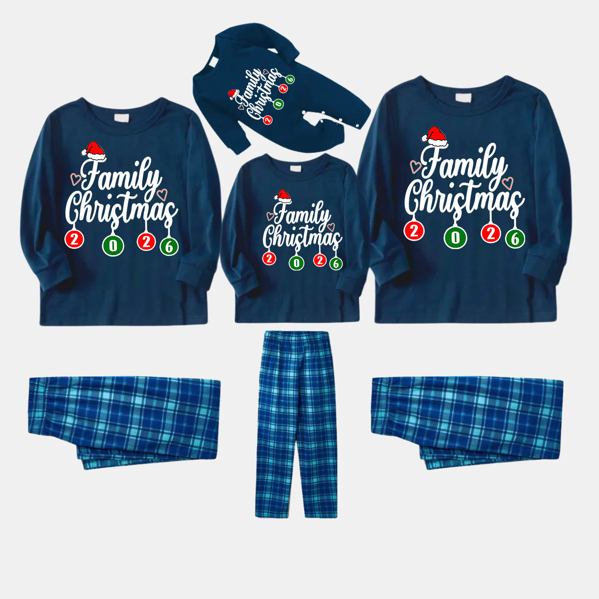 "Family Christmas 2026" Letter Printed Blue Long Sleeve Top With Blue Plaid Family Matching Pajamas