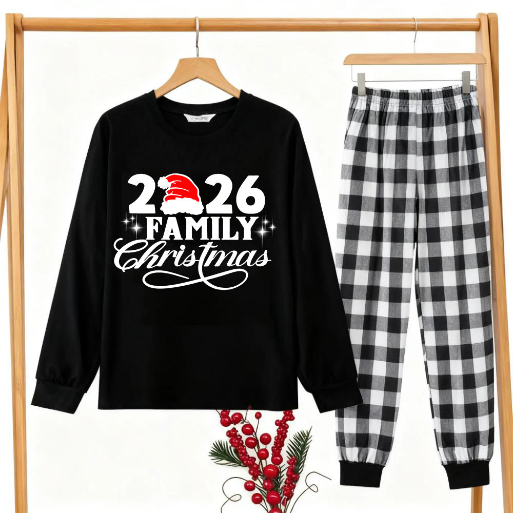 "2026 Family Christmas" Letter Print Black Long Sleeve Top with Black And White Plaid Pants Couple Matching Pajamas