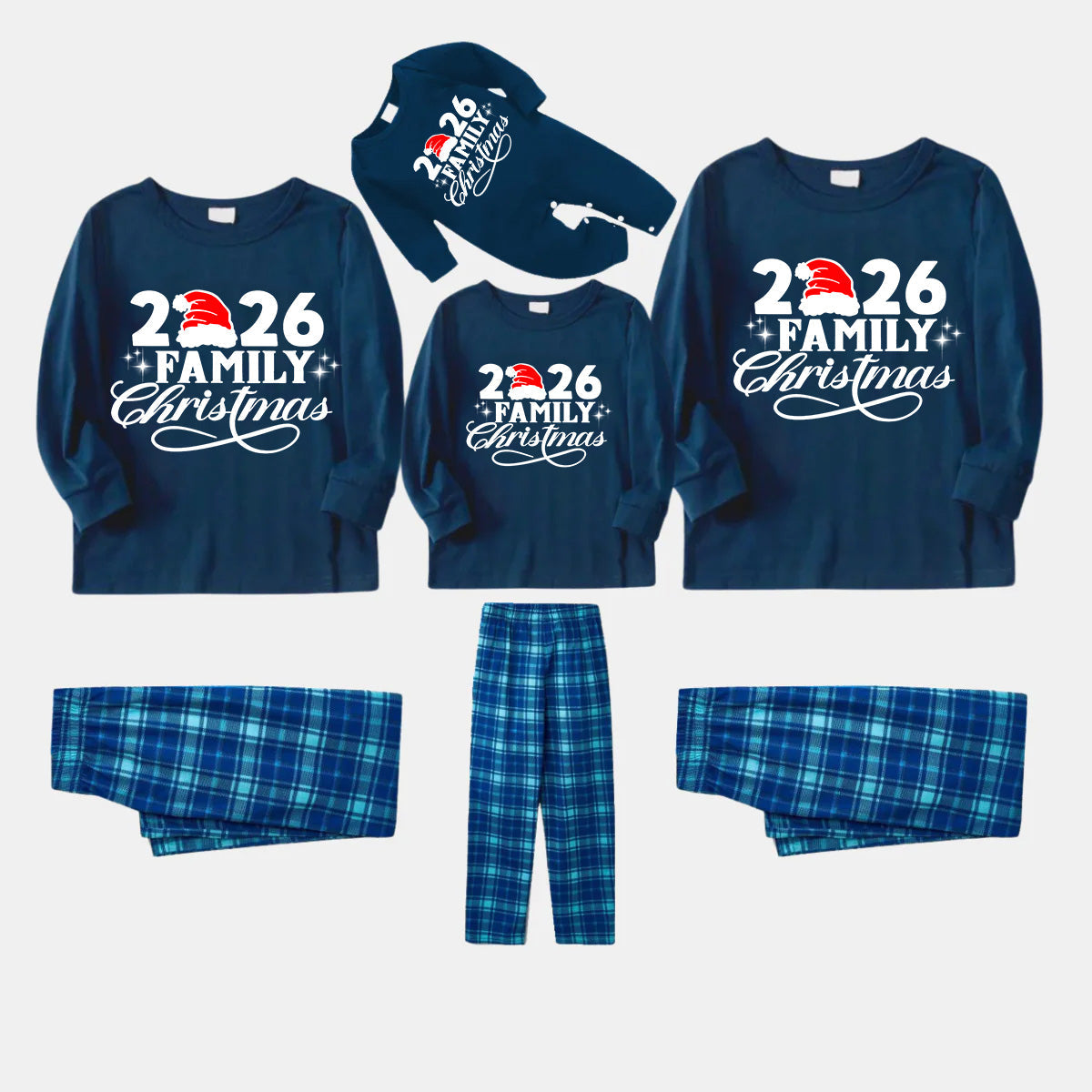 "2026 Family Christmas" Text Print Blue Plaid Christmas Matching Pajamas
