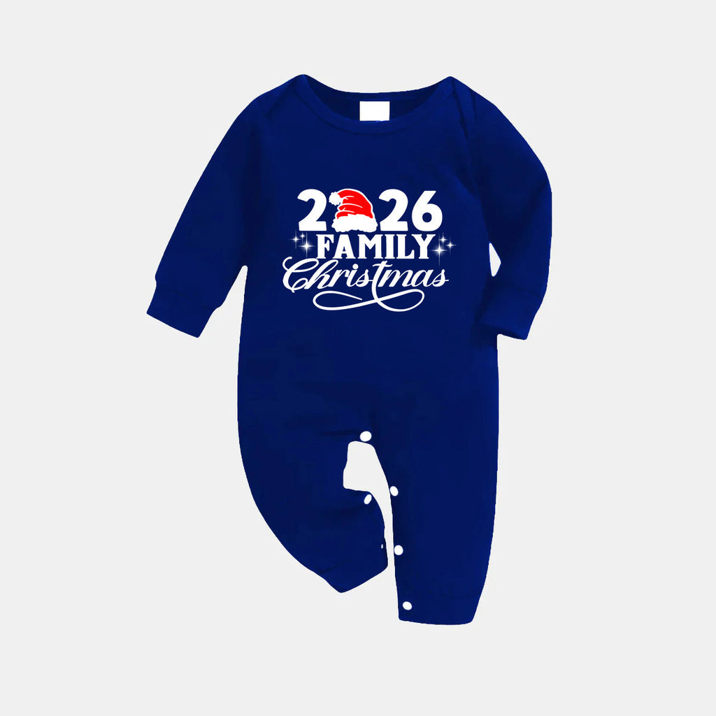 "2026 Family Christmas" Text and Santa Hat Printed Blue and White Plaid Family Matching Pajamas