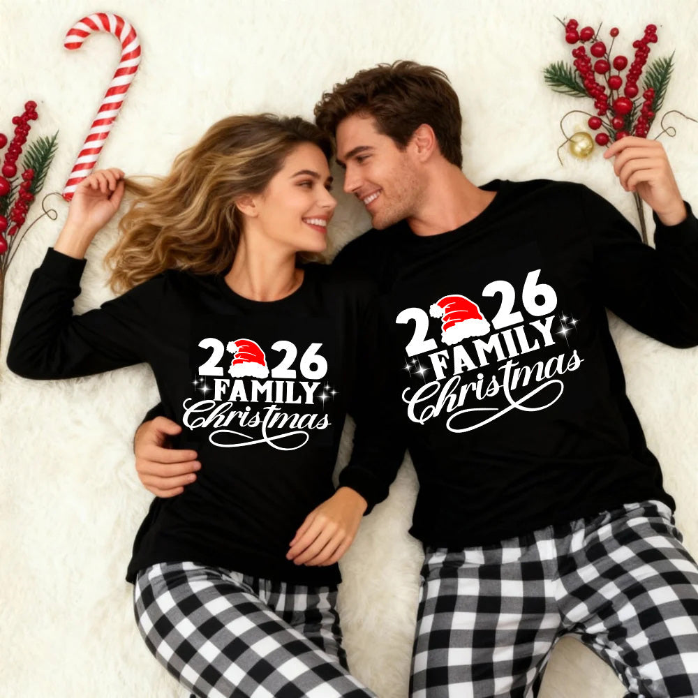 "2026 Family Christmas" Letter Print Black Long Sleeve Top with Black And White Plaid Pants Couple Matching Pajamas