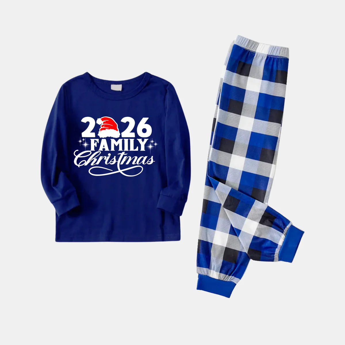 "2026 Family Christmas" Text and Santa Hat Printed Blue and White Plaid Family Matching Pajamas