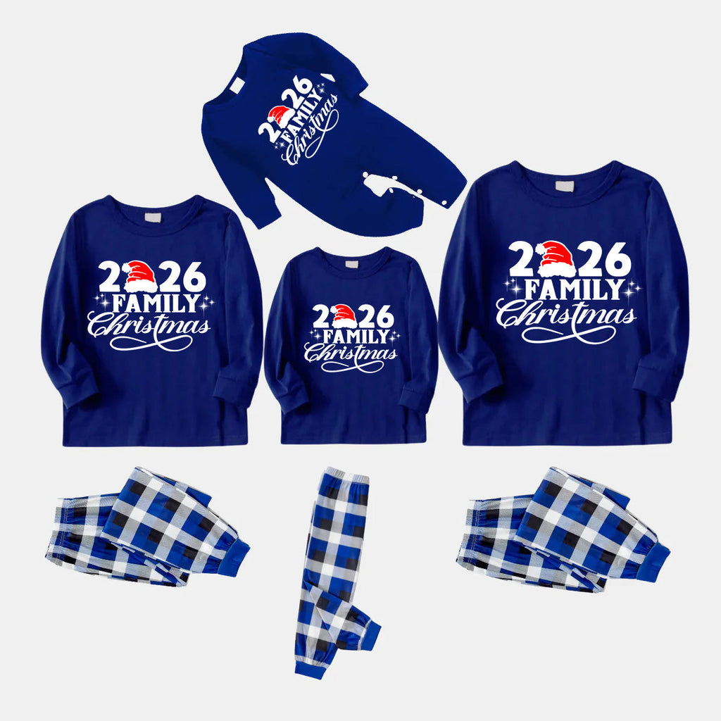 "2026 Family Christmas" Text and Santa Hat Printed Blue and White Plaid Family Matching Pajamas