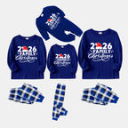 "2026 Family Christmas" Text and Santa Hat Printed Blue and White Plaid Family Matching Pajamas