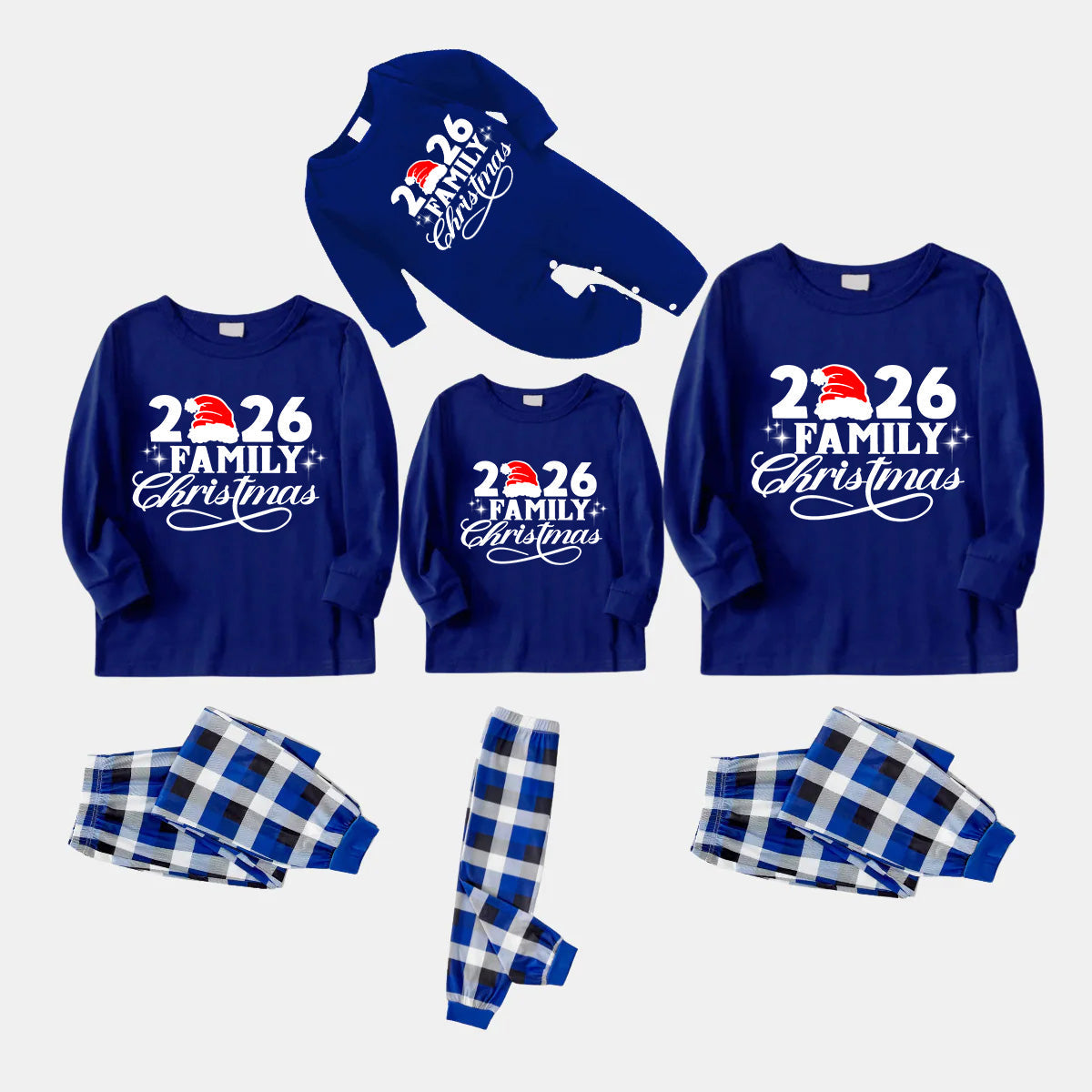 "2026 Family Christmas" Text and Santa Hat Printed Blue and White Plaid Family Matching Pajamas