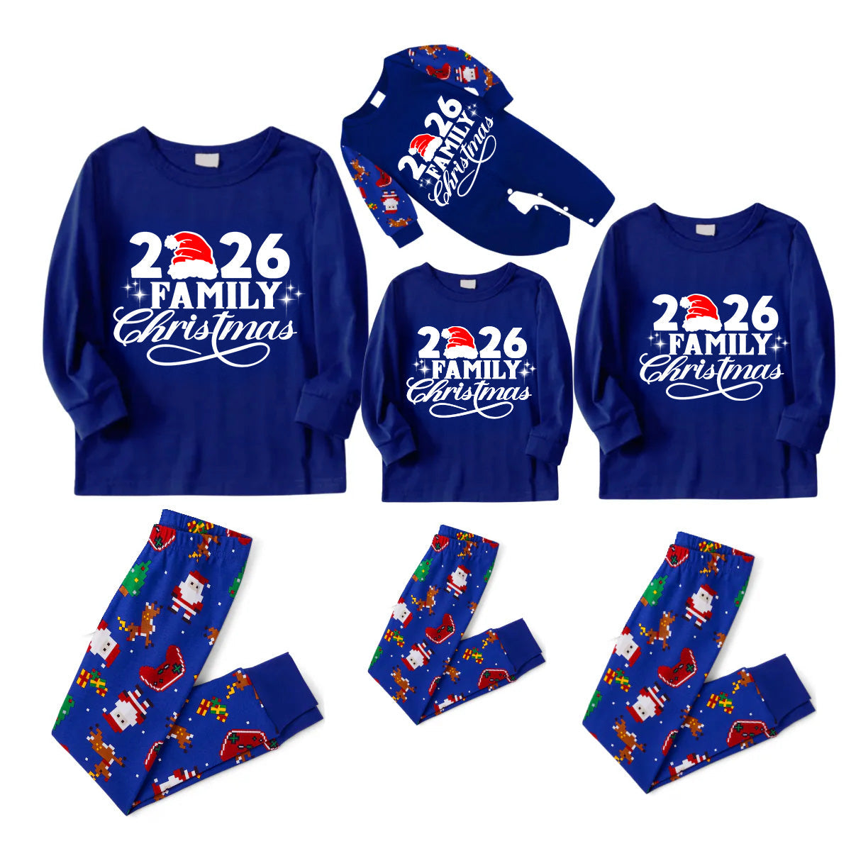 Christmas 2026 Santa Print Family Matching Family Pajamas Set - Blue Top, Blue Pants, Santa Pattern