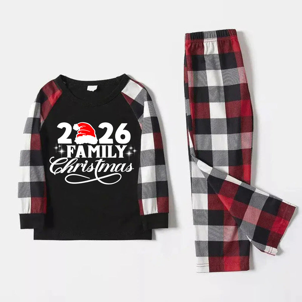 "2026 Family Christmas" Letter Print Red & Black & Grey & White Plaid Family Matching Pajamas