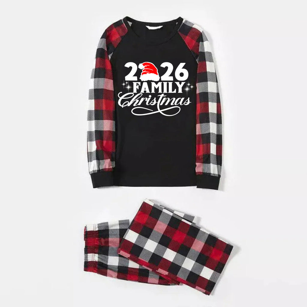 "2026 Family Christmas" Letter Print Red & Black & Grey & White Plaid Family Matching Pajamas