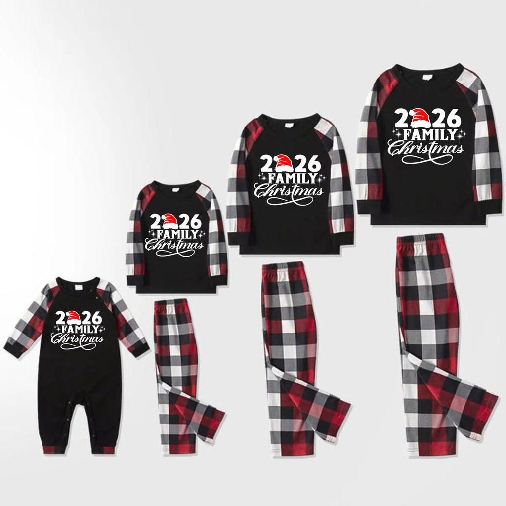 "2026 Family Christmas" Letter Print Red & Black & Grey & White Plaid Family Matching Pajamas