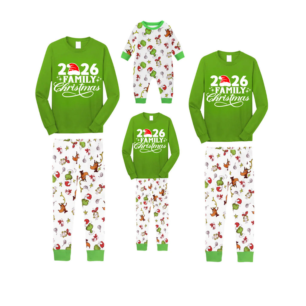 Christmas 2026 Cartoon Reindeer Print Family Matching Family Pajamas Set - Green Top, White Pants, Cartoon Pattern
