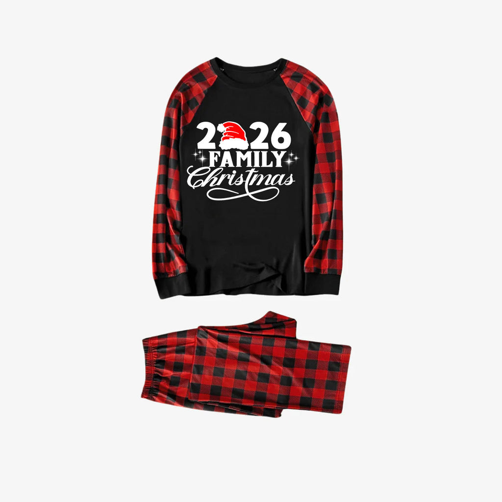 "2026 Family Christmas" Letter Print Black & Red Plaid Family Matching Black Pajamas