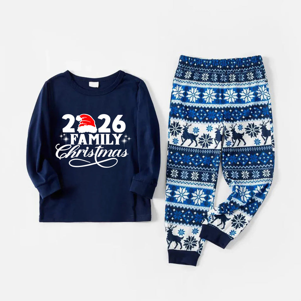 "2026 Family Christmas" Letter Print Blue Family Matching Pajamas Sets