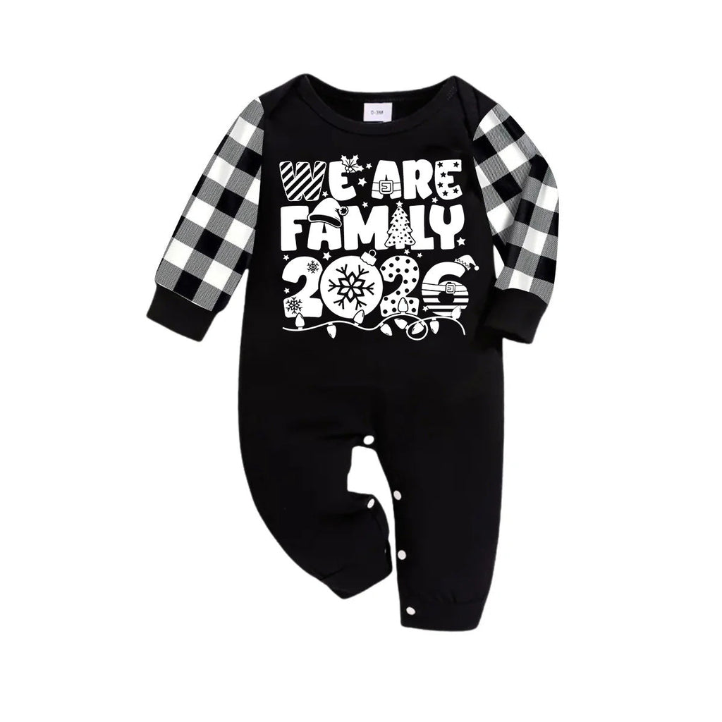 "We are Family 2026" White Letter Print Black Long Sleeve Top with Black And White Plaid Pants Family Matching Pajamas