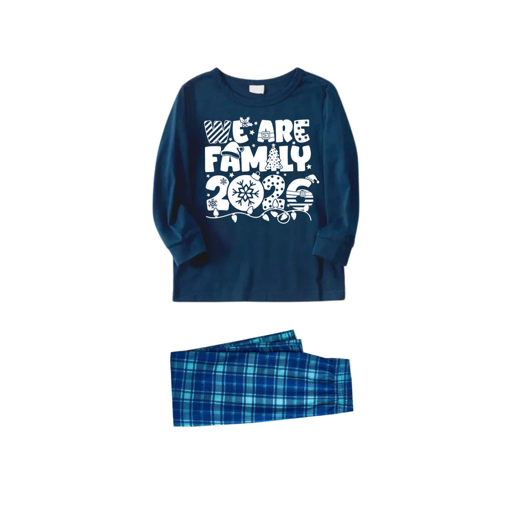We Are Family 2026 Christmas Pajamas Set - Navy Top Blue Plaid Pants White Text Graphic