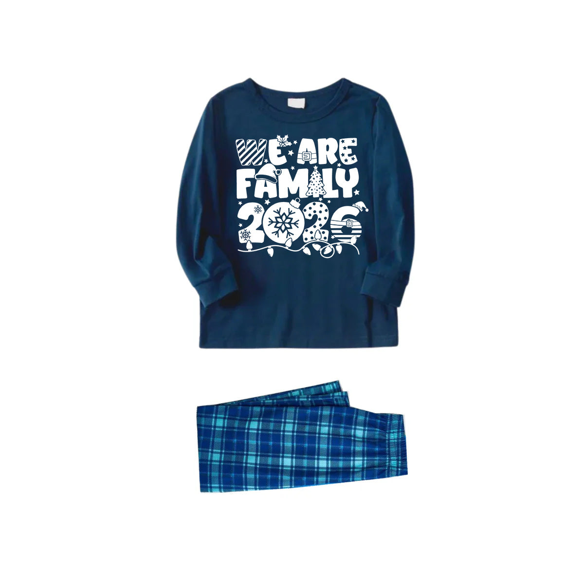 We Are Family 2026 Christmas Pajamas Set - Navy Top Blue Plaid Pants White Text Graphic