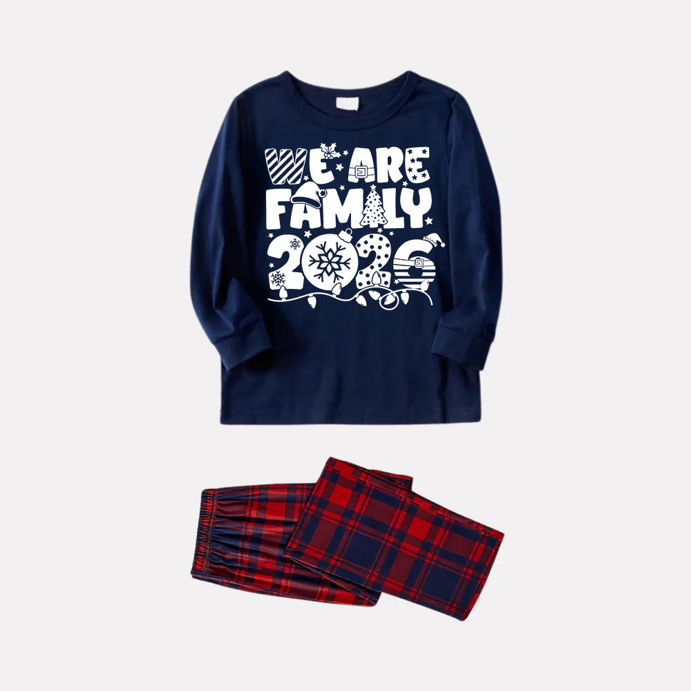 We Are Family 2026 Christmas Pajamas Set - Navy Top Red and Navy Plaid Pants White Text Graphic