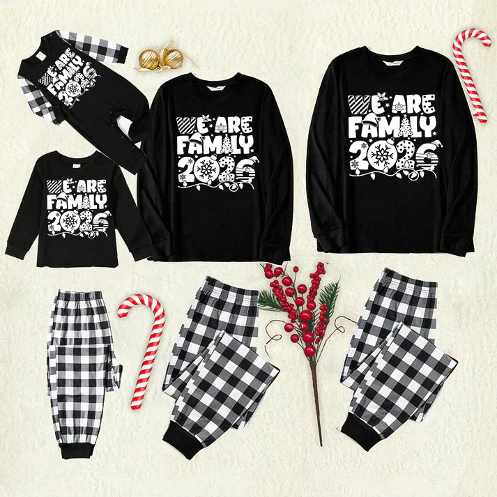 "We are Family 2026" White Letter Print Black Long Sleeve Top with Black And White Plaid Pants Family Matching Pajamas