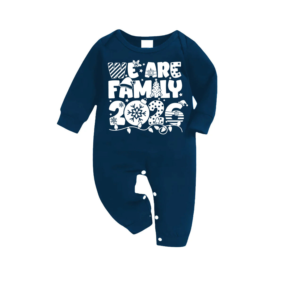 We Are Family 2026 Christmas Pajamas Set - Navy Top Blue Plaid Pants White Text Graphic