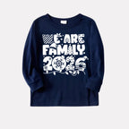 We Are Family 2026 Christmas Pajamas Set - Navy Top Red and Navy Plaid Pants White Text Graphic