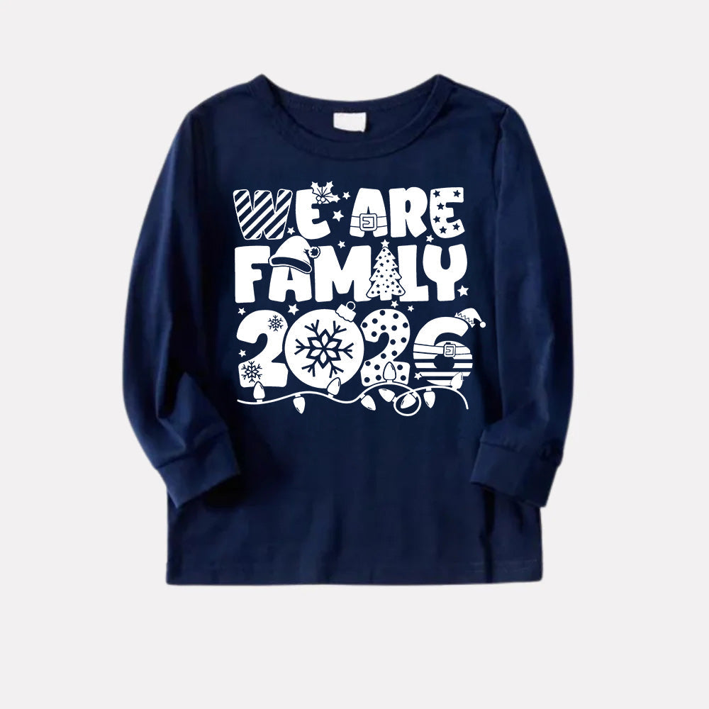 We Are Family 2026 Christmas Pajamas Set - Navy Top Red and Navy Plaid Pants White Text Graphic