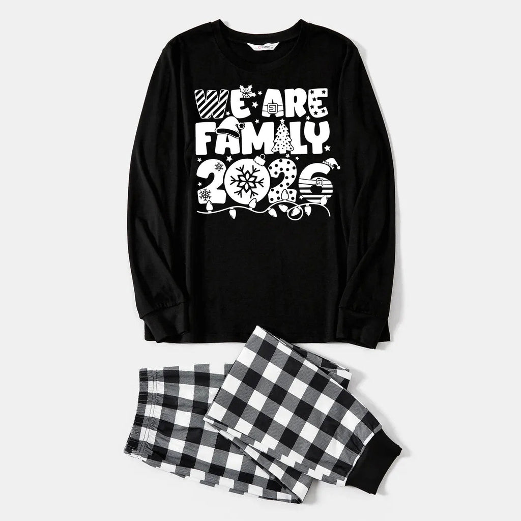 "We are Family 2026" White Letter Print Black Long Sleeve Top with Black And White Plaid Pants Family Matching Pajamas