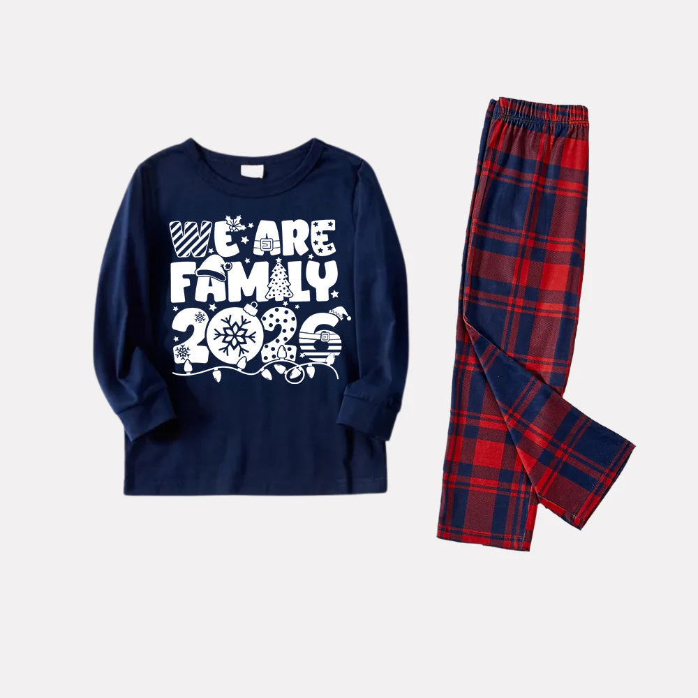 We Are Family 2026 Christmas Pajamas Set - Navy Top Red and Navy Plaid Pants White Text Graphic