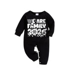 We Are Family 2026 Christmas Pajamas Set - Black Top Green and Black Plaid Pants White Text Graphic